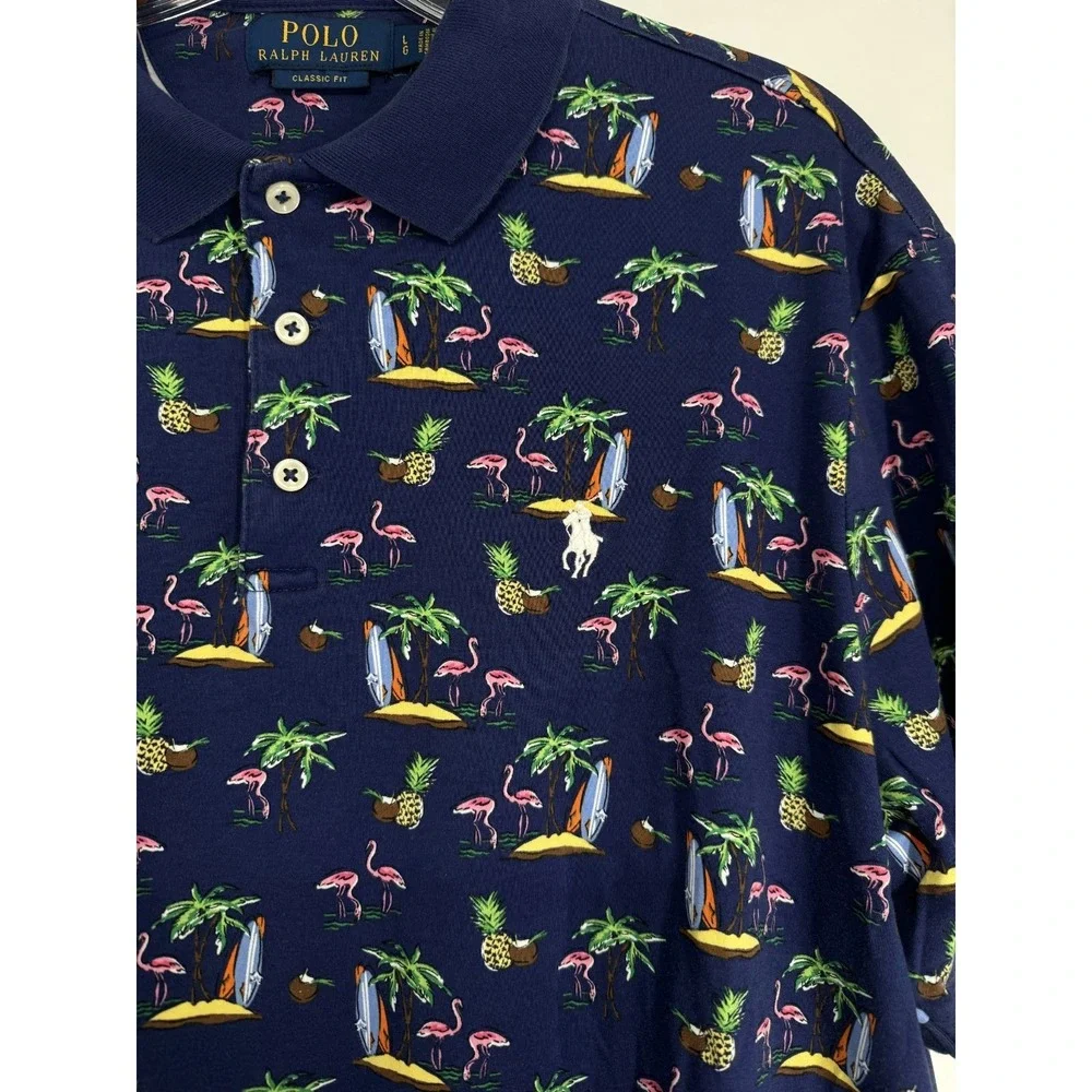 Polo Ralph Lauren Polo Shirt Navy Large Beach Tropical All Over Print Graphic